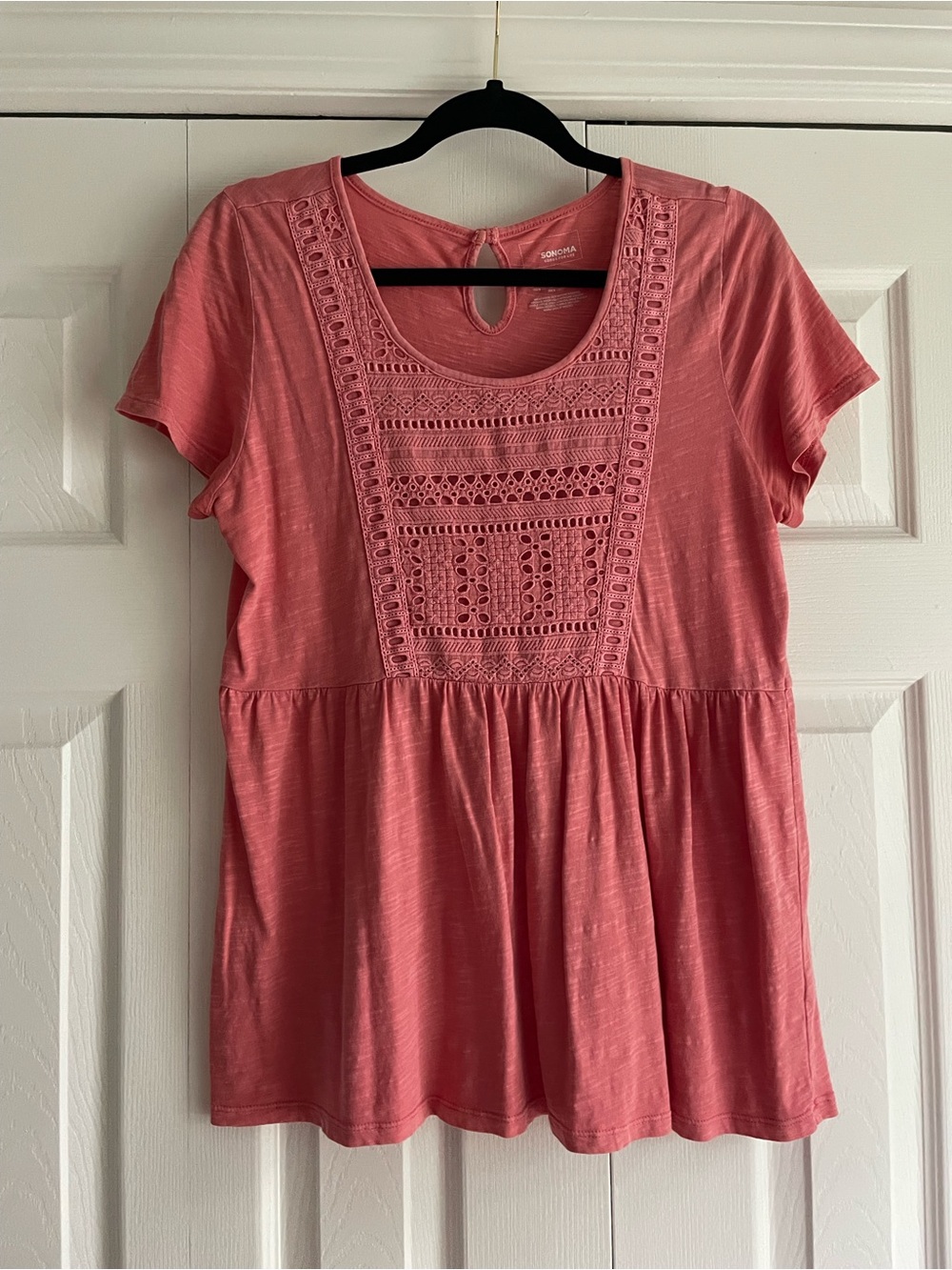 Sonoma Coral Crochet-Front Peplum Tee